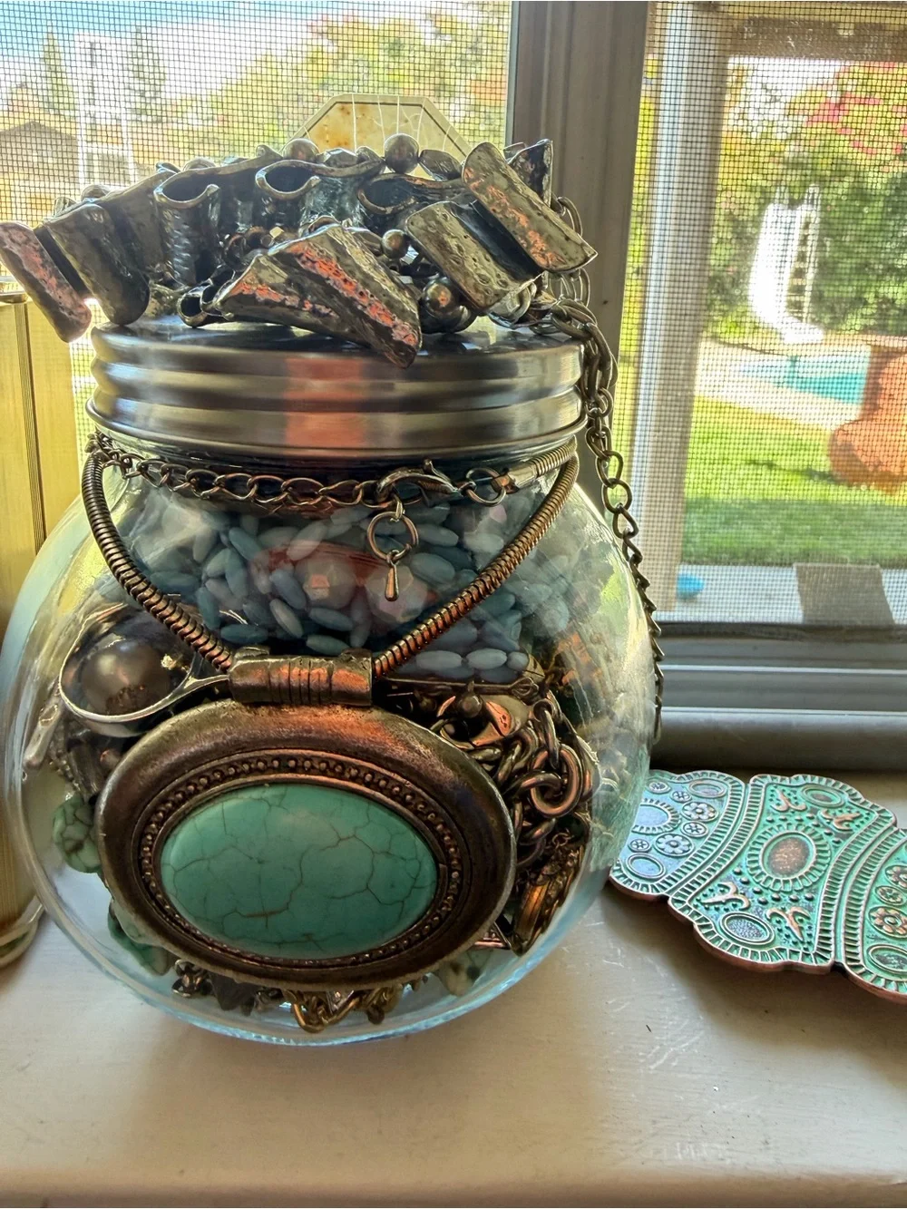 Southwestern/cowgirl/stand out in Turquoise and silver toned mystery jewelry jar